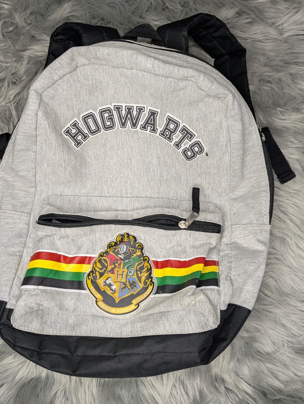 Hogwarts Crest Grey Backpack with Rainbow Stripe